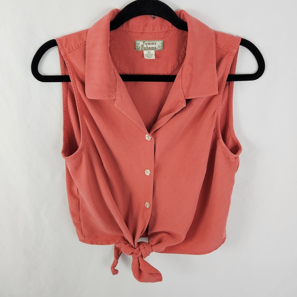 Womens Vintage Tommy Bahama Silk Sleeveless Tie Top Coral Blouse Size XL